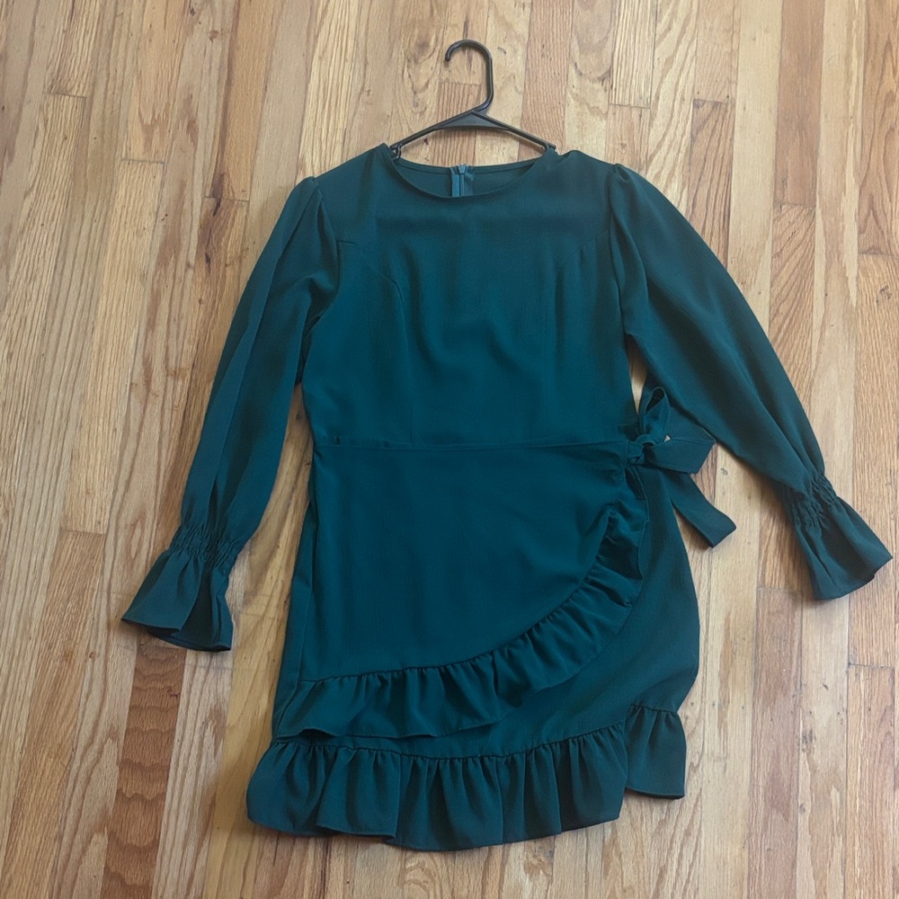 Mini Ruffle Wrap Dress in Deep Green